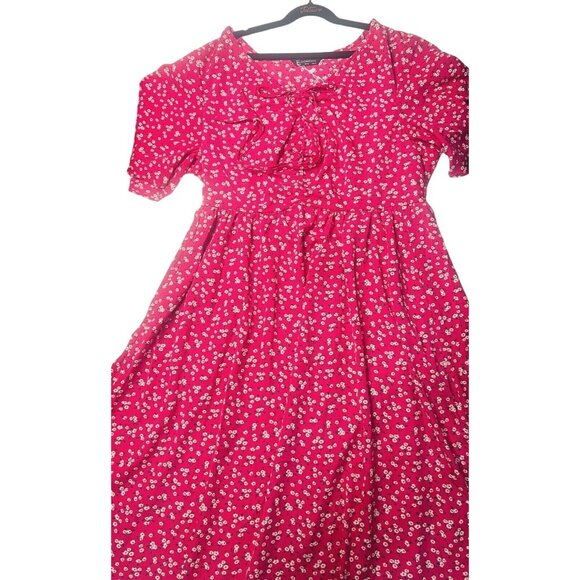 Bloomchic Rose Red Floral Dress Tie v-neck Pockets Below Knee Flare Sleeves 12 - Picture 3 of 6